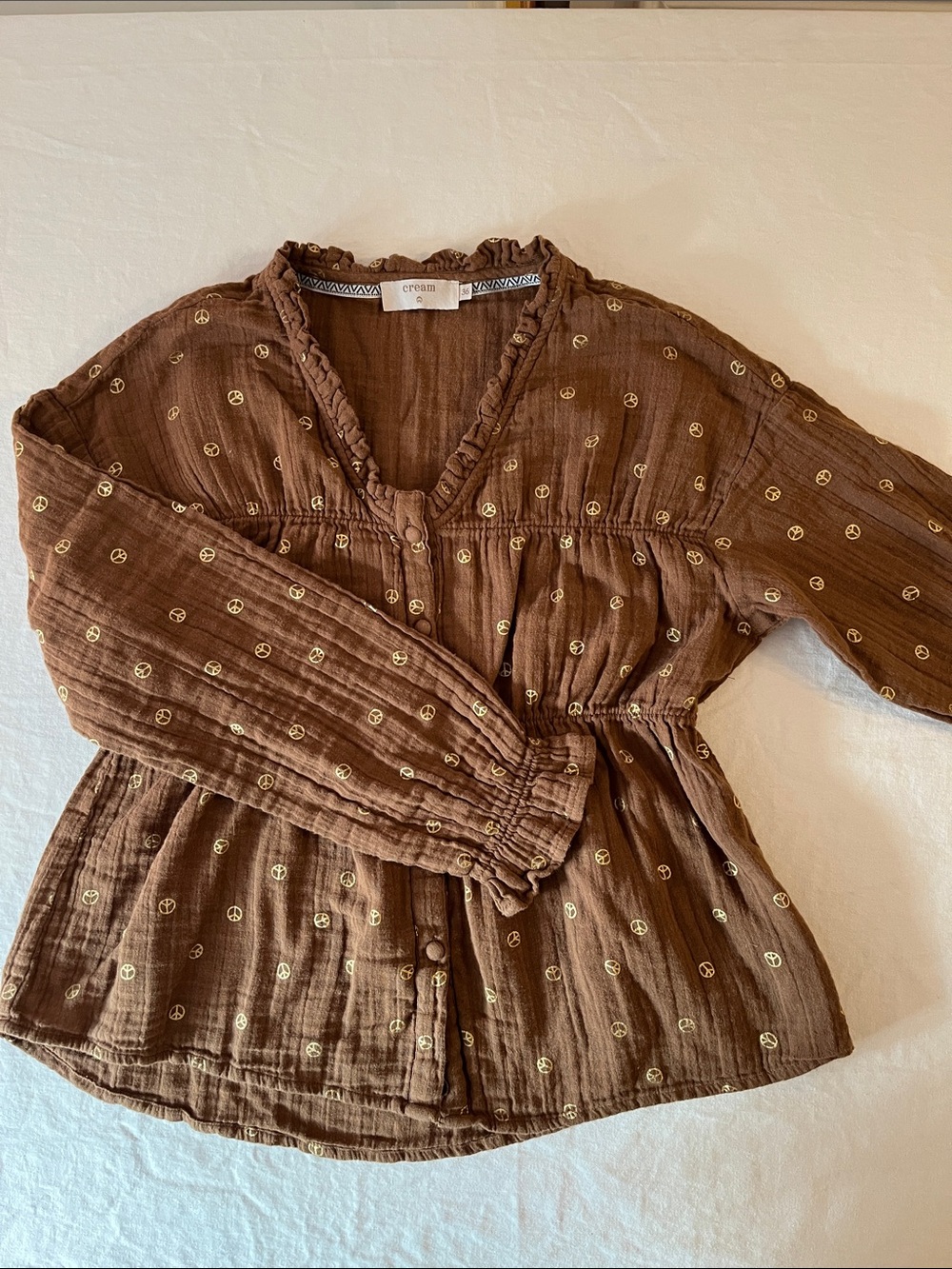 Fall - Cream Copenhagen -Boho Brown Ruffled V-Neck Blouse with Gold Peace Signs